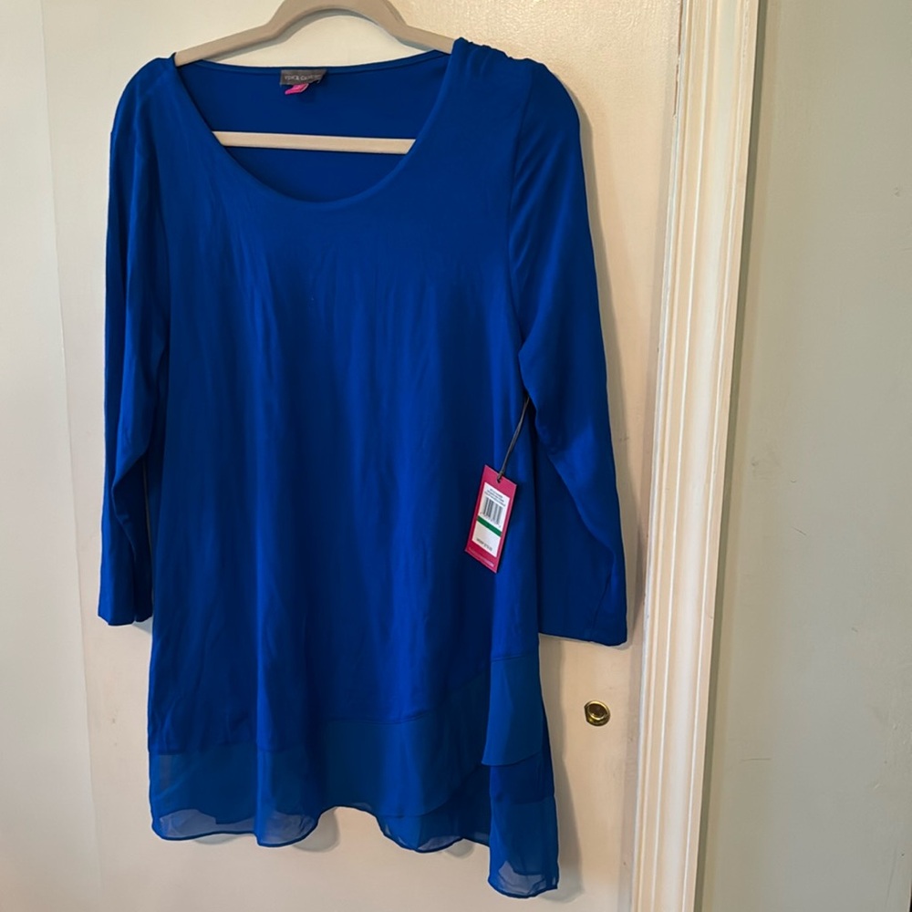 Womens Vince Camuto Chiffon Hem Blue Tunic  Top Women Size L NWT